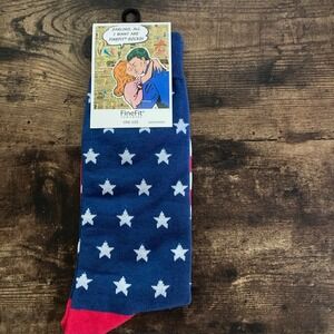 FineFit Fun Socks Patriotic Stars Blue Red White Novelty Crew Socks One Size NWT